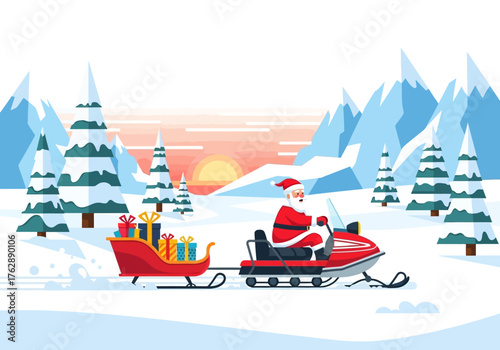 Santa rides a snowmobile through a snowy mountainous landscape pulling a sled of gifts as the sun rises