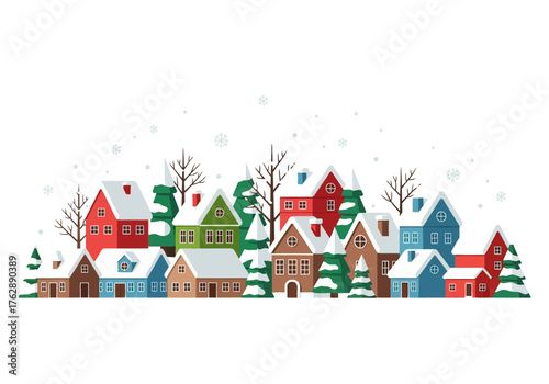 Snowcovered village scene with colorful houses and fir trees