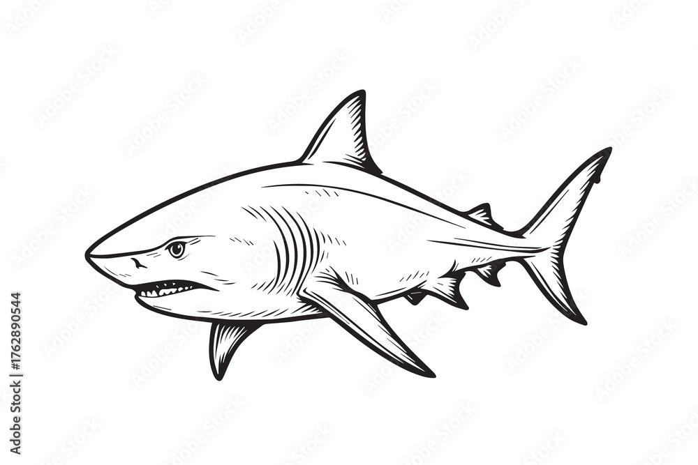 Obraz premium Stylish monochrome vector artwork featuring a bull shark species, drawn with clean outlines to show its balance of elegance, force, and raw marine beauty.