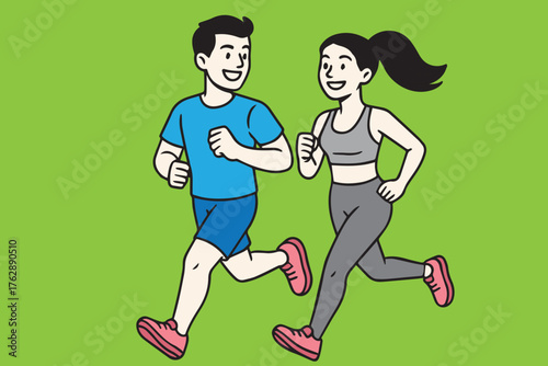 A colorful vector design depicting a couple enjoying a morning run, representing wellness, strength, and harmony between love and an active, healthy lifestyle.