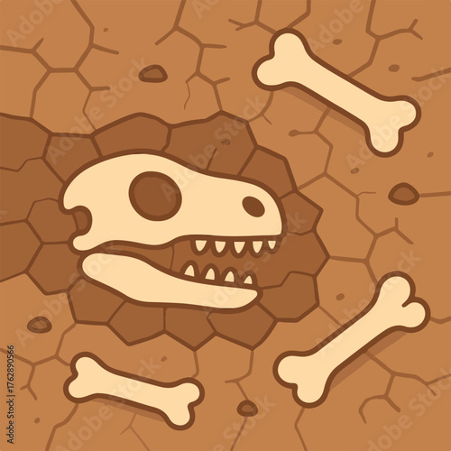 Dinosaur Skull with Bones on Earth Surface