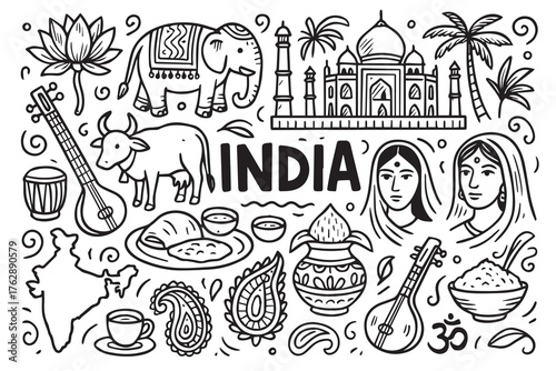 Black and white artistic vector background inspired by India, featuring iconic elements like the Taj Mahal, elephants, mandalas, and traditional patterns symbolizing culture and heritage.