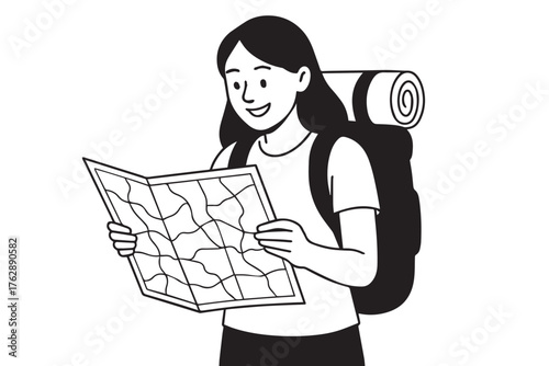 A black and white vector design depicting a young backpacker woman studying her map on a journey, reflecting wanderlust, direction, and the beauty of solo adventure.
