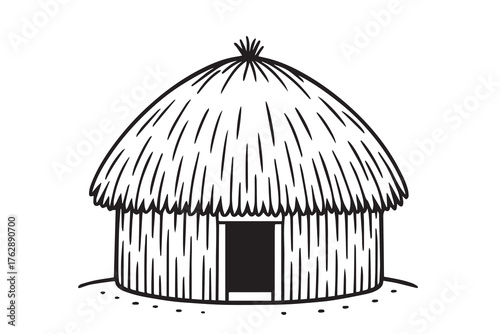 Artistic black and white vector illustration showing a round African hut made from straw, symbolizing warmth, tradition, and the beauty of humble natural architecture.