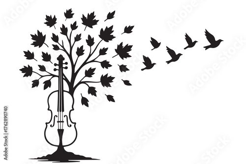 Abstract black and white vector of a tree whose trunk resembles a violin, blending organic curves with musical symbolism, reflecting beauty, creativity, and artistic balance.