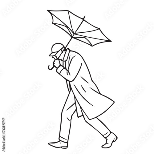 Black and white vector illustration of a man standing alone in a storm, holding an umbrella against fierce rain and wind, symbolizing strength, courage, and silent endurance.
