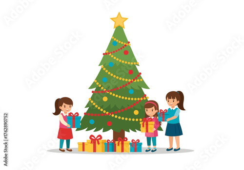 Three girls near a Christmas tree putting presents under it