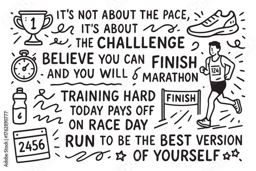 Dynamic doodle style vector in black and white showing runners and sneakers with words: strength, hope, progress, discipline, effort, energy, confidence, success, never give up.
