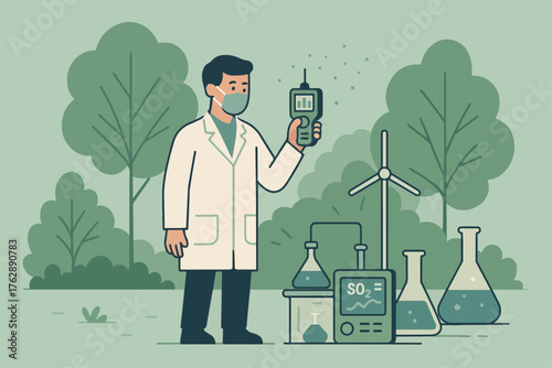 Scientist measuring air quality outdoors with laboratory equipment