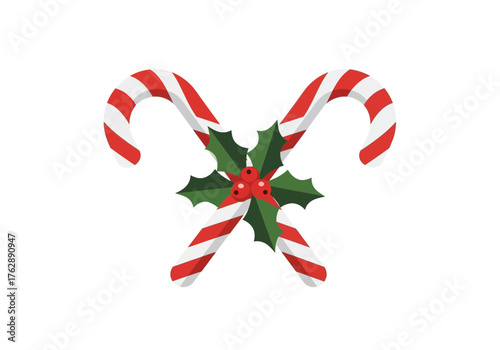 Two candy canes crossed with holly leaves and berries red and green hues against a white background