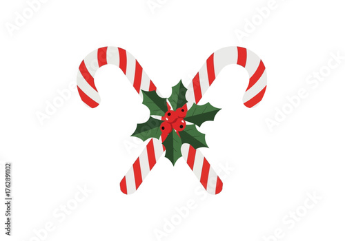 Two crossed candy canes are decorated with holly leaves and red berries on a white background