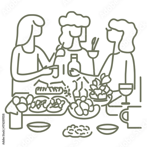 cartoon doodle vector illustration of winter potluck gatherings