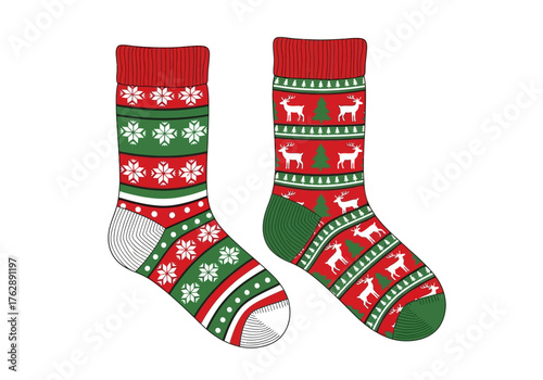 Two festive Christmas socks one with snowflakes and the other with reindeer and Christmas trees against a white background