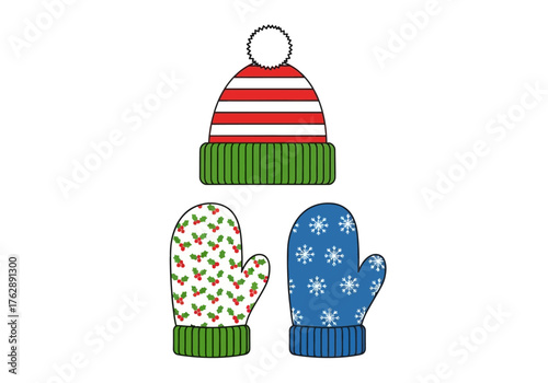 Winter wear hat redwhite stripes green brim above holly and snowflake mittens on a white background
