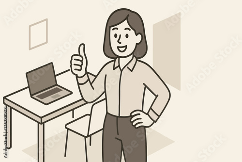 Woman with laptop giving thumbs up in office