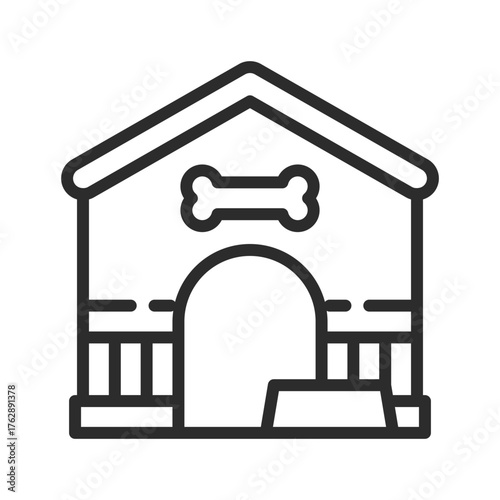 Line drawing of a doghouse The house has a roof and a door There is a bone above the door