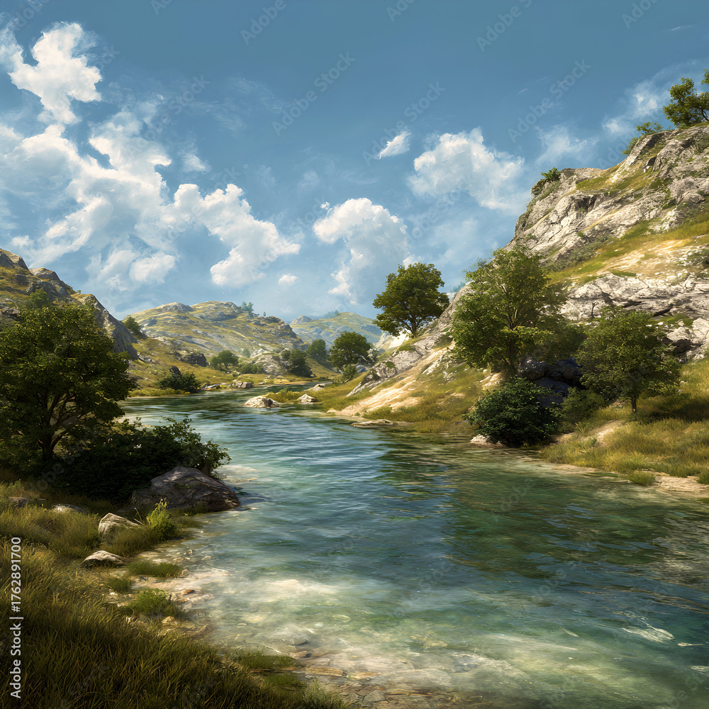 Fototapeta premium Serene River Valley Landscape with Clear Water and Blue Sky.