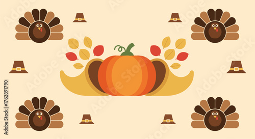 Minimalist Thanksgiving wallpaper featuring flat illustration of a pumpkin, abstract autumn leaves, and pilgrim hats with turkey motifs on a warm background.