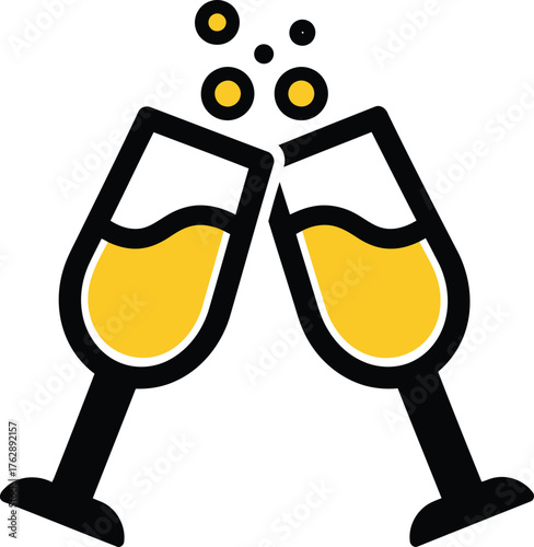 Two champagne glasses clinking with bubbles isolated on transparent background