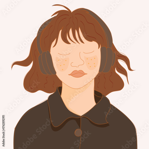 Peaceful young woman listening to music with headphones