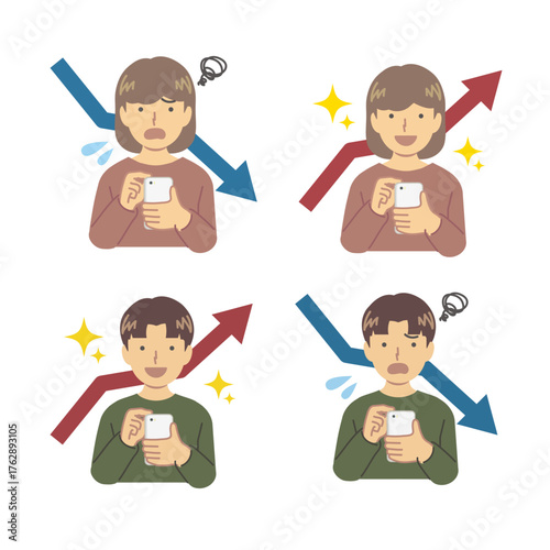 人物 上昇して喜ぶ人:下昇して悲しむ人