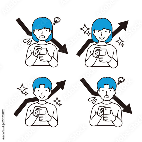 人物 上昇して喜ぶ人:下昇して悲しむ人