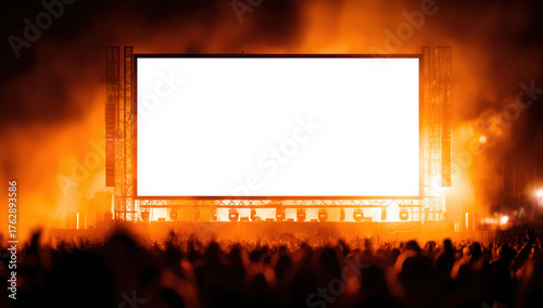Vibrant outdoor concert scene featuring a large white blank screen mockup and an excited crowd illuminated by warm lights
