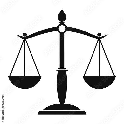 Illustration of a balanced scale of justice with two pans hanging symmetrically on a central stand