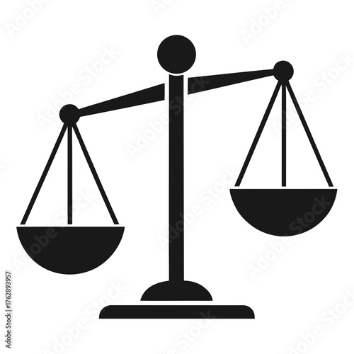 A black and white illustration of a balance scale with two hanging pans on a stand for measuring weight