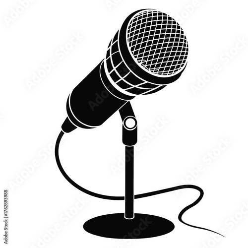Illustration of a classic microphone on a stand with a cable in black and white design style art