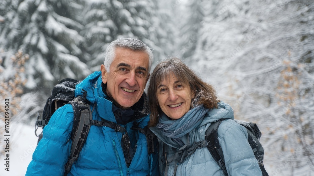 Obraz premium portrait of senior couple hikers standing in snowcovered winter nature no logos no brands ar 169