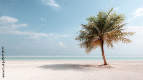 Fototapeta Naklejka Na Ścianę i Meble -  Dreamy tropic escape on a white sand beach with a single palm tree under a pastel blue sky during a soft summer day