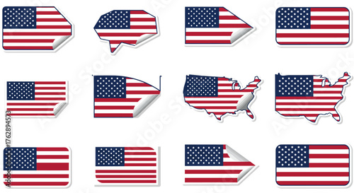Patriotic United States flag vector illustrations in diverse sticker and label forms, ideal for symbolizing national pride and American identity in graphic design projects
