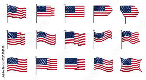 Collection of assorted American flag illustrations in various designs and styles, representing national pride and patriotism