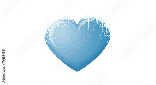 An illustrative vector of a light blue frozen heart with sparkling frost and dripping icicles, a symbol of cold emotions, winter love, or heartbreak, isolated on a white background