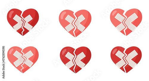 Vector collection of mended broken hearts, each patched with an adhesive bandage, representing emotional healing, recovery from pain, and enduring love after a setback