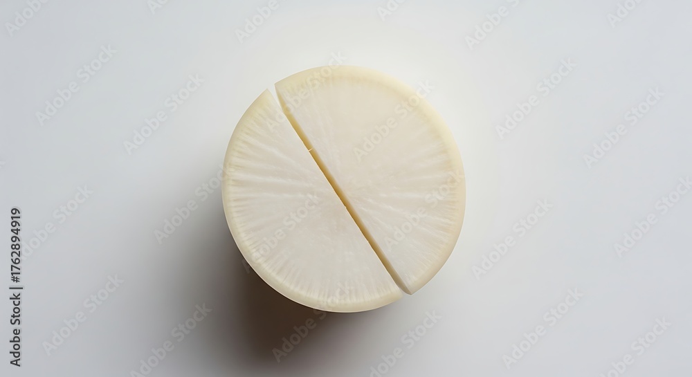Fototapeta premium Minimalist Overhead Shot of a Sliced Daikon Radish with Subtle Radial Texture and Soft Shadow.