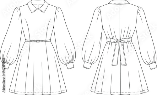 Dress technical fashion sketch, front and back view, puff sleeve, pleated skirt, CAD drawing, garment template, sewing pattern, apparel blueprint