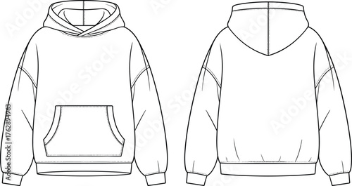 Hoodie sweatshirt technical flat sketch, front and back view, fashion CAD drawing, garment template, apparel blueprint, vector illustration design