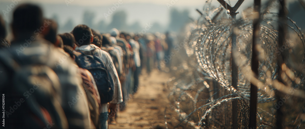 Naklejka premium Crossing borders in the morning light a crowd of young men travel along path separated by barbed wire fence