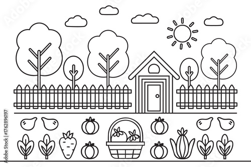 Whimsical garden scene coloring page fun for kids and adults delightful outline art
