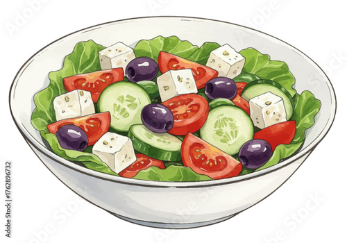 Healthy Mediterranean Salad in a White Bowl Illustration