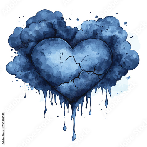 A watercolor illustration of a broken heart beneath dark clouds, symbolizing sadness and emotional turmoil.  , vector style simple color