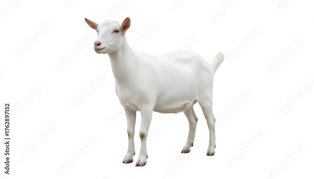 Obraz premium A pristine and elegant white domestic goat, a symbol of rural tranquility and agricultural grace, stands serenely on a clean white background, showcasing its gentle demeanor and natural beauty