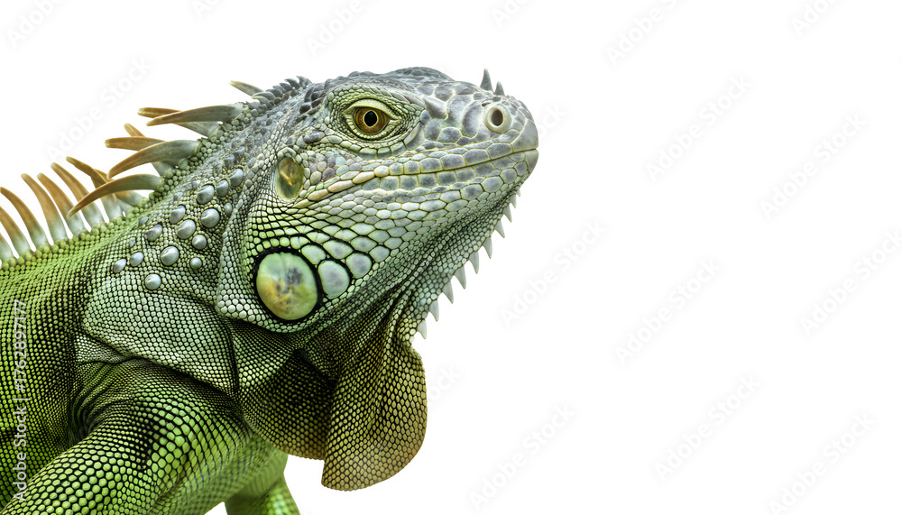 Obraz premium Close-up shot of a green iguana's head and body, showcasing its scales and textured skin on a white background, a fascinating reptile portrait