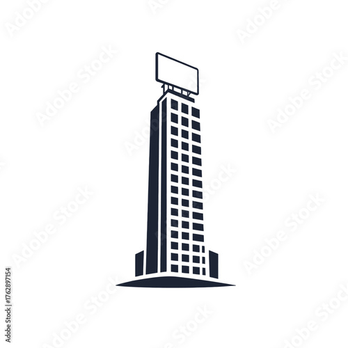 A minimalist graphic of a tall skyscraper with many windows and a blank billboard on top, set against a white background.