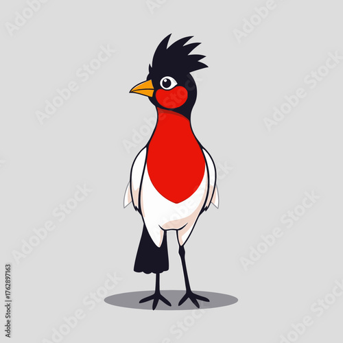 Cartoon illustration of a bird with a red chest, white wings, black head crest, and yellow beak, standing on thin legs.