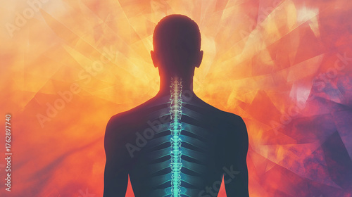 A person’s silhouette with an emphasis on their spine, glowing from within, illustrating the concept of energy flow, wellness, and body alignment in a meditative setting.