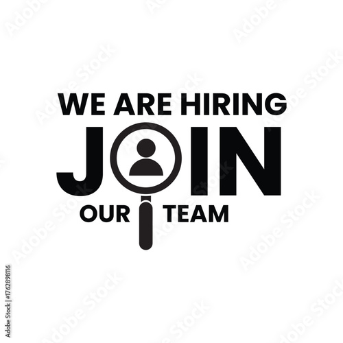 We're hiring join our team concept. Job vacancy announcement. Employee recruitment background. Magnifying glass searching for candidate. HR human resources business employment.