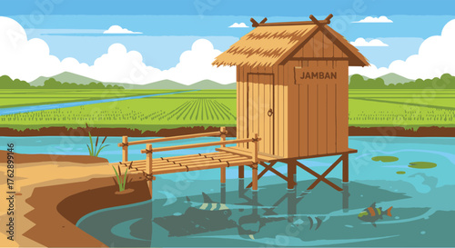 Rural Outhouse Over Water in a Rice Field Landscape Illustration